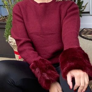 Love Token Burgundy Sweater with Faux Fur Cuffs